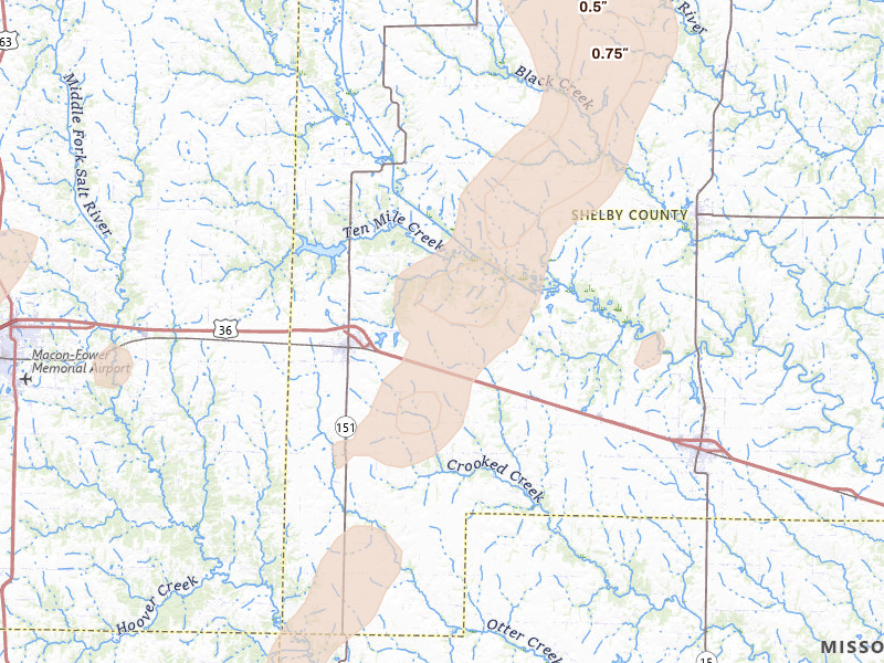 Radar-estimated hail-size map of the storm over Clarence, MO on Apr 17, 2026