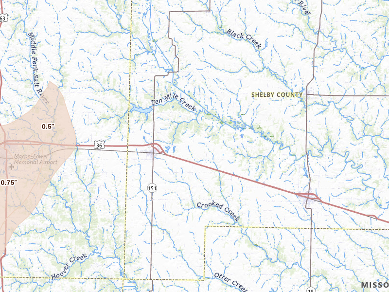 Radar-estimated hail-size map of the storm over Clarence, MO on Apr 26, 2026