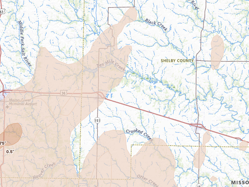 Radar-estimated hail-size map of the storm over Clarence, MO on Apr 27, 2026