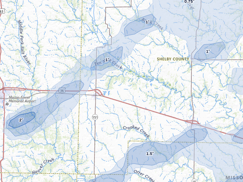 NEXRAD radar-signature map of the hail storm over Clarence, MO on Apr 27, 2026