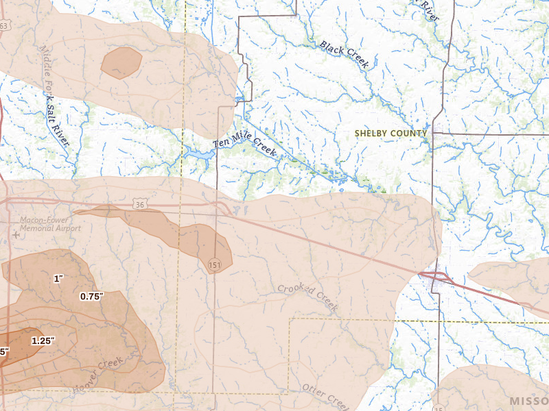 Radar-estimated hail-size map of the storm over Clarence, MO on May 4, 2026