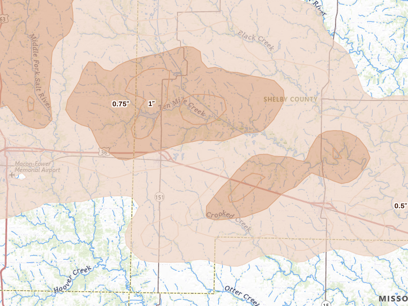 Radar-estimated hail-size map of the storm over Clarence, MO on Jun 11, 2026
