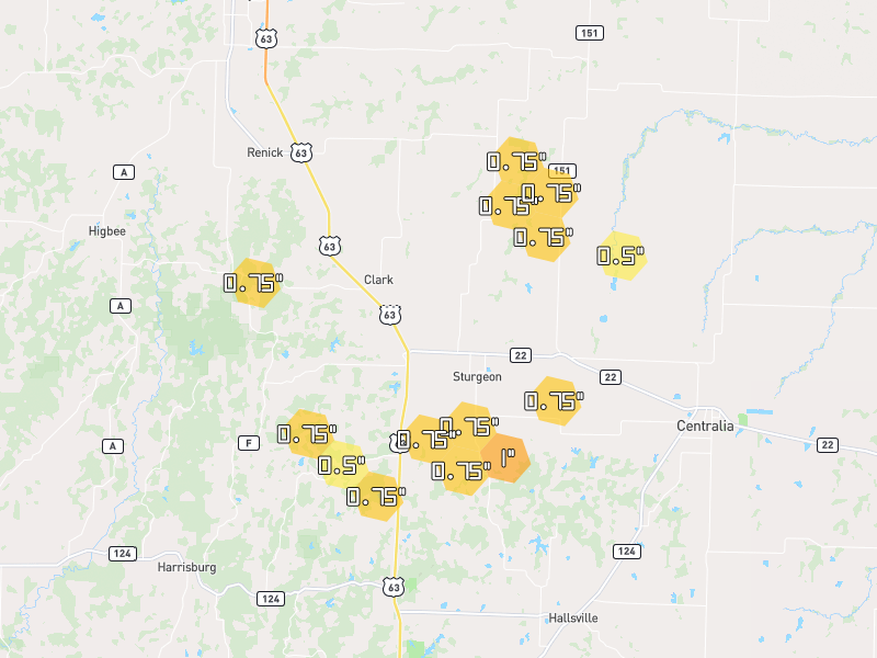 Hail map of Clark, MO on Jun 1, 2026, hail up to 1"