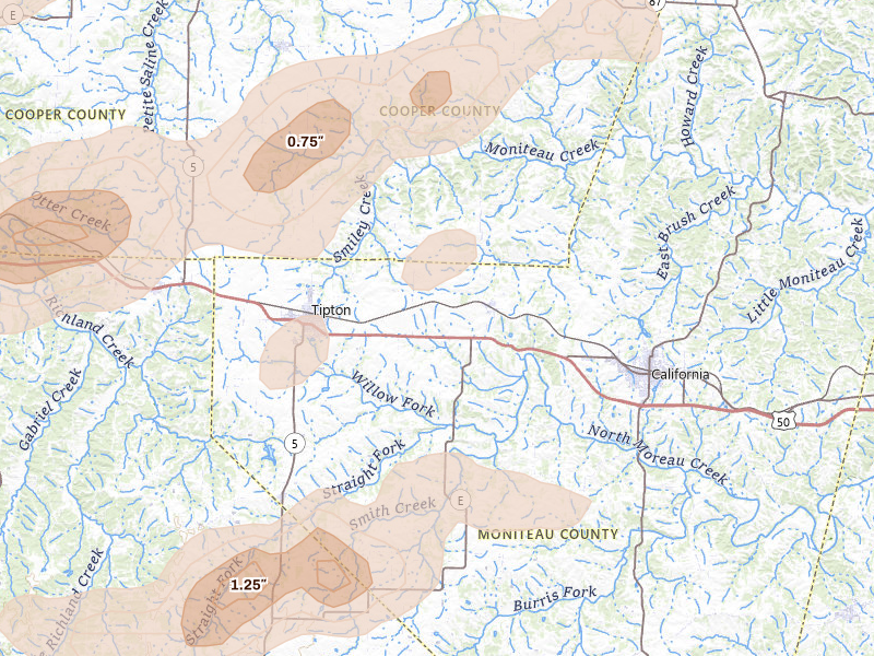 Radar-estimated hail-size map of the storm over Clarksburg, MO on Apr 27, 2026