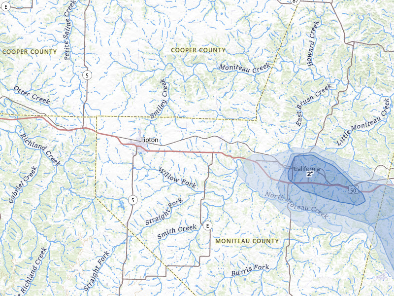 NEXRAD radar-signature map of the hail storm over Clarksburg, MO on Jul 9, 2026