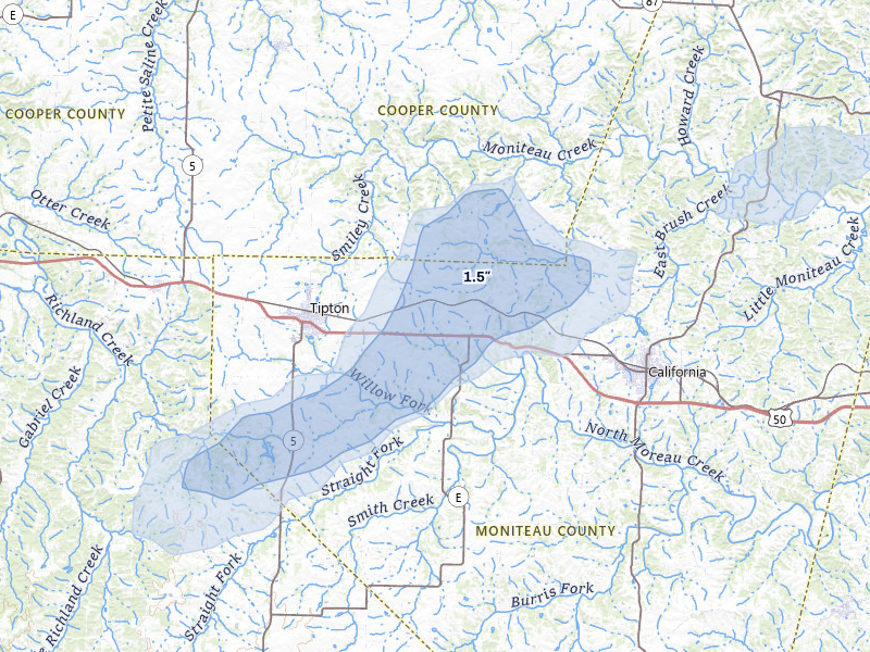 NEXRAD radar-signature map of the hail storm over Clarksburg, MO on Jul 10, 2026