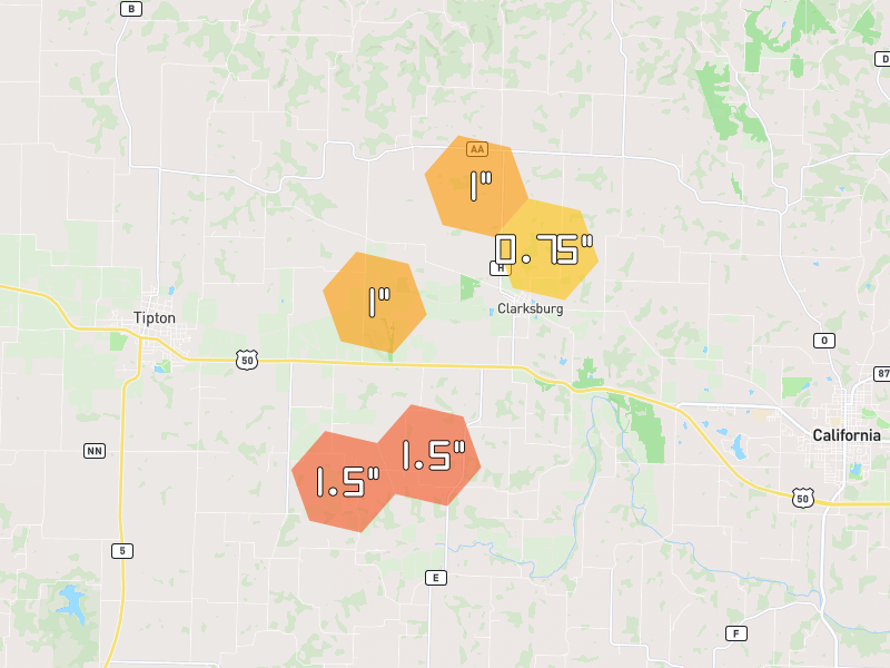 Hail map of Clarksburg, MO on Jul 11, 2026, hail up to 1.5"