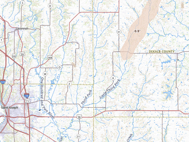 Radar-estimated hail-size map of the storm over Clarksdale, MO on Mar 5, 2026