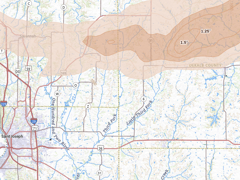 Radar-estimated hail-size map of the storm over Clarksdale, MO on Jun 10, 2026