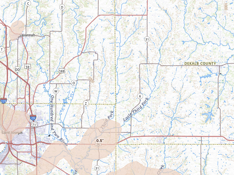 Radar-estimated hail-size map of the storm over Clarksdale, MO on Jul 3, 2026