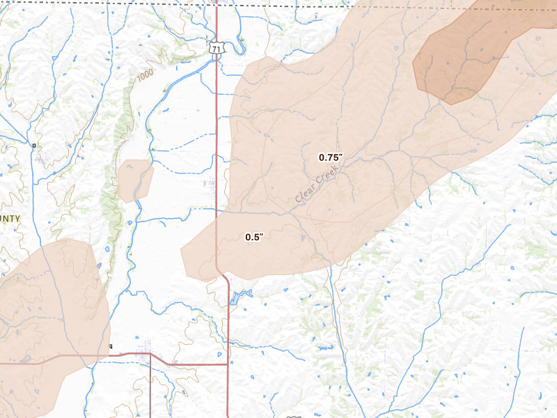 Radar-estimated hail-size map of the storm over Clearmont, MO on Apr 3, 2026