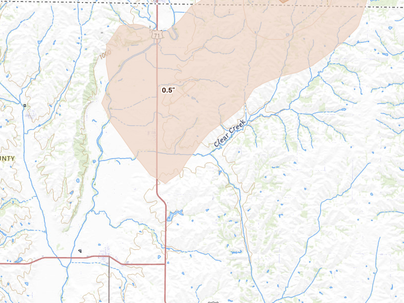 Radar-estimated hail-size map of the storm over Clearmont, MO on Apr 26, 2026