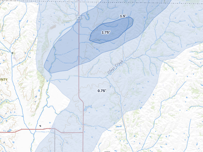NEXRAD radar-signature map of the hail over Clearmont, MO