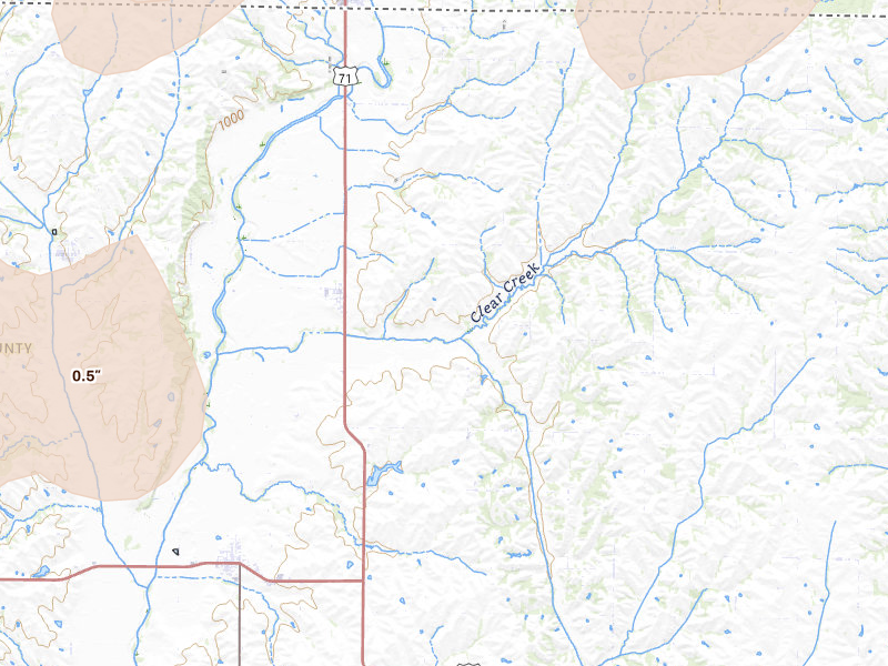 Radar-estimated hail-size map of the storm over Clearmont, MO on May 16, 2026