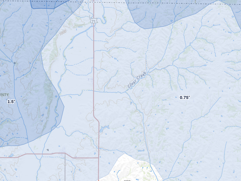 NEXRAD radar-signature map of the hail storm over Clearmont, MO on May 16, 2026