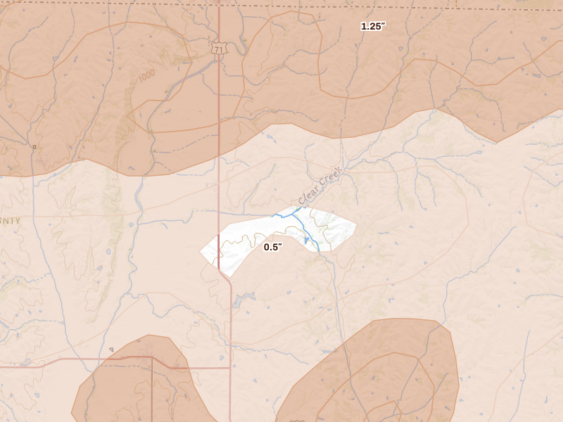 Radar-estimated hail-size map of the storm over Clearmont, MO on May 18, 2026