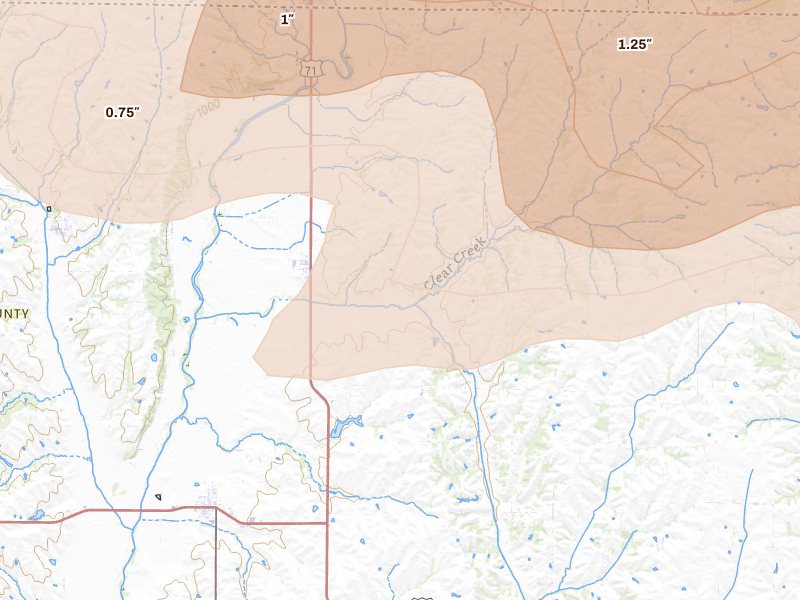 Radar-estimated hail-size map of the storm over Clearmont, MO on Jun 10, 2026