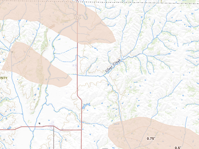 Radar-estimated hail-size map of the storm over Clearmont, MO on Aug 9, 2026