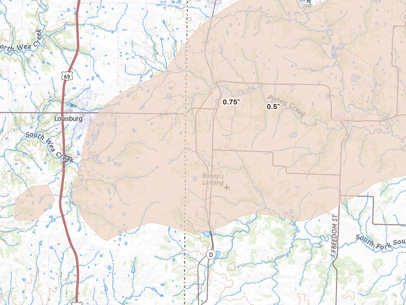 Radar-estimated hail-size map of the storm over Cleveland, MO on Apr 26, 2026