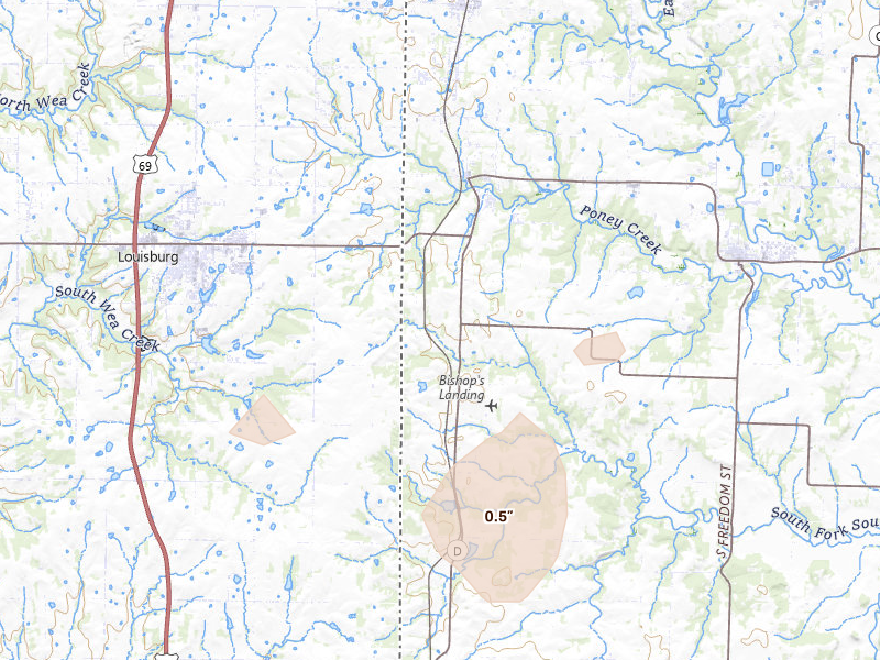 Radar-estimated hail-size map of the storm over Cleveland, MO on Jul 4, 2026