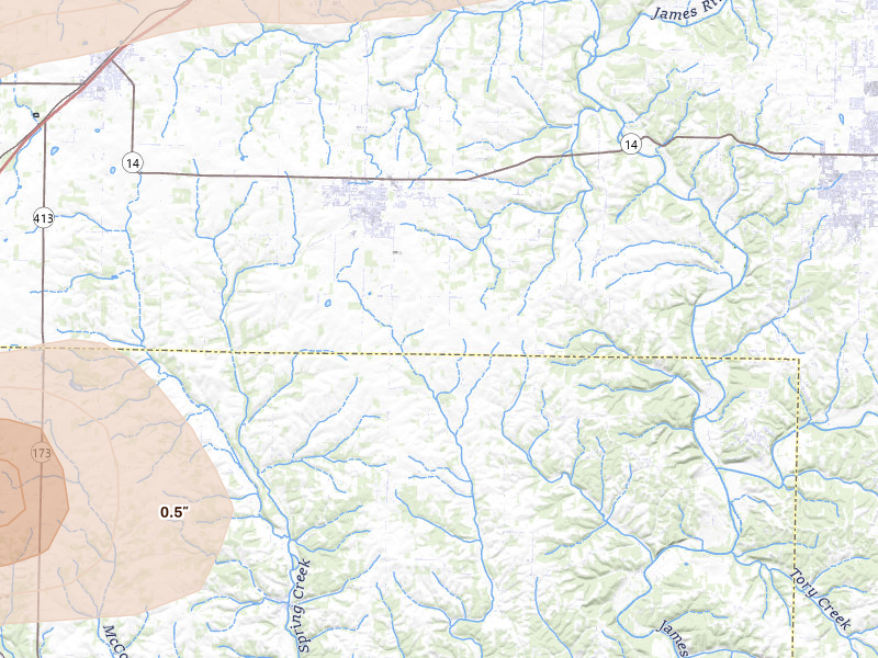 Radar-estimated hail-size map of the storm over Clever, MO on Apr 27, 2026