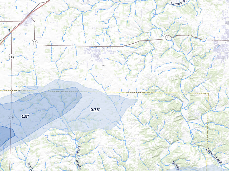 NEXRAD radar-signature map of the hail over Clever, MO