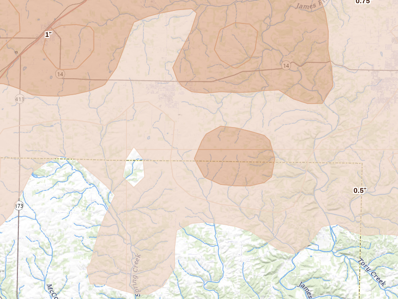 Radar-estimated hail-size map of the storm over Clever, MO on Apr 28, 2026
