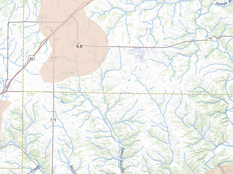 Radar-estimated hail-size map of the storm over Clever, MO on May 30, 2026