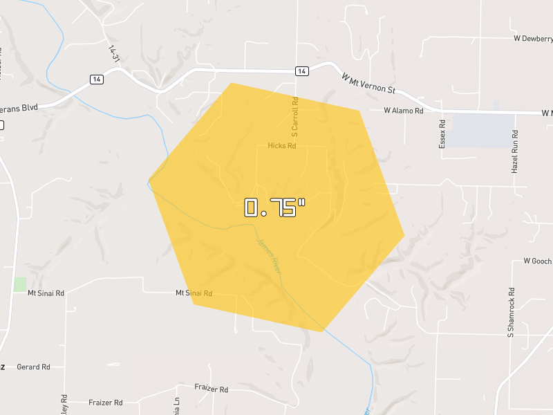Hail map of Clever, MO on Jul 6, 2026, hail up to 0.75"