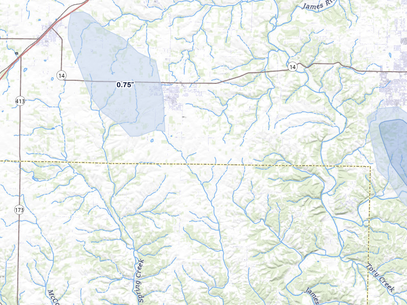 NEXRAD radar-signature map of the hail storm over Clever, MO on Jul 10, 2026
