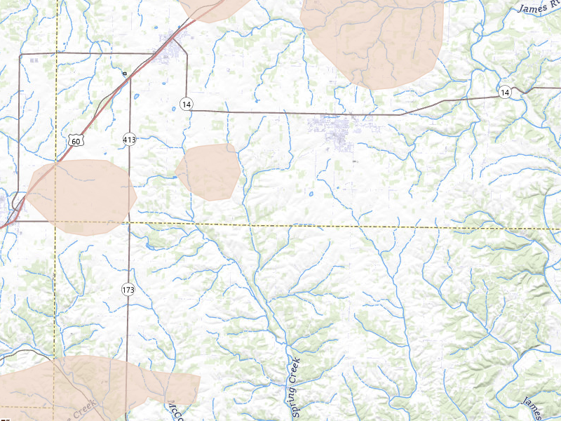 Radar-estimated hail-size map of the storm over Clever, MO on Aug 6, 2026