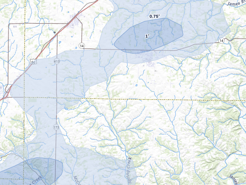 NEXRAD radar-signature map of the hail storm over Clever, MO on Aug 6, 2026