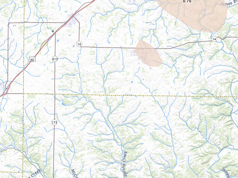 Radar-estimated hail-size map of the storm over Clever, MO on Aug 7, 2026