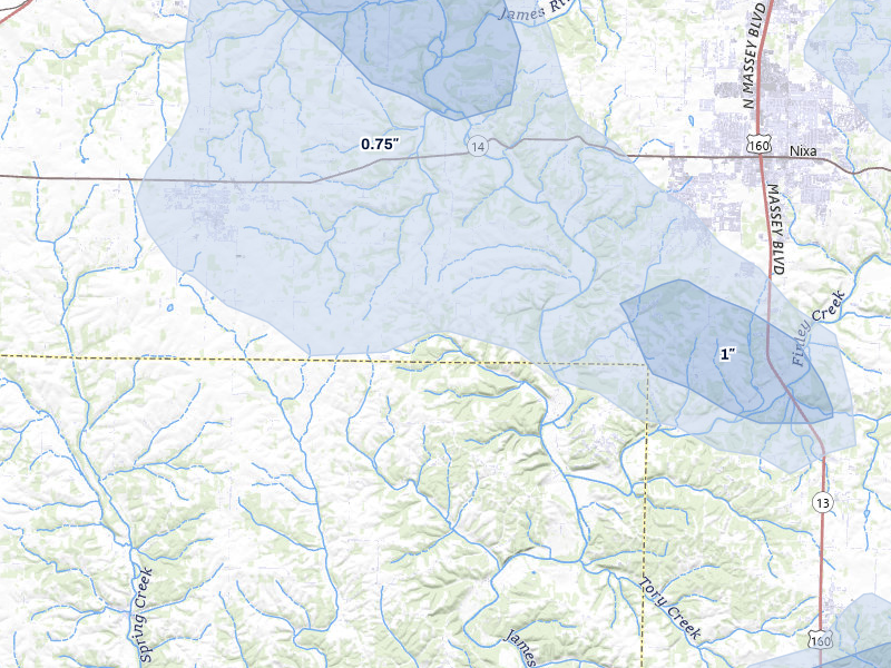 NEXRAD radar-signature map of the hail storm over Clever, MO on Aug 7, 2026