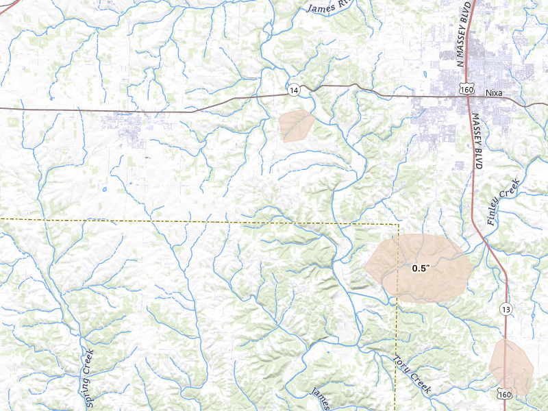 Radar-estimated hail-size map of the storm over Clever, MO on Aug 16, 2026
