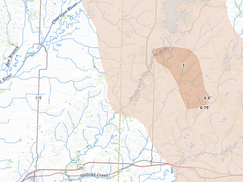 Radar-estimated hail-size map of the storm over Clifton Hill, MO on Jul 20, 2026