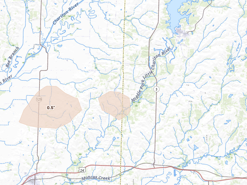 Radar-estimated hail-size map of the storm over Clifton Hill, MO on Aug 5, 2026