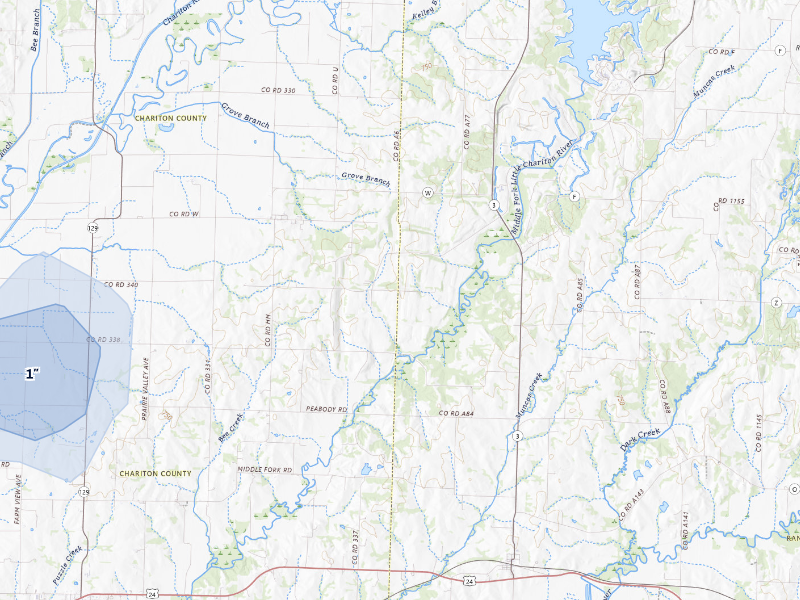 NEXRAD radar-signature map of the hail storm over Clifton Hill, MO on Aug 5, 2026