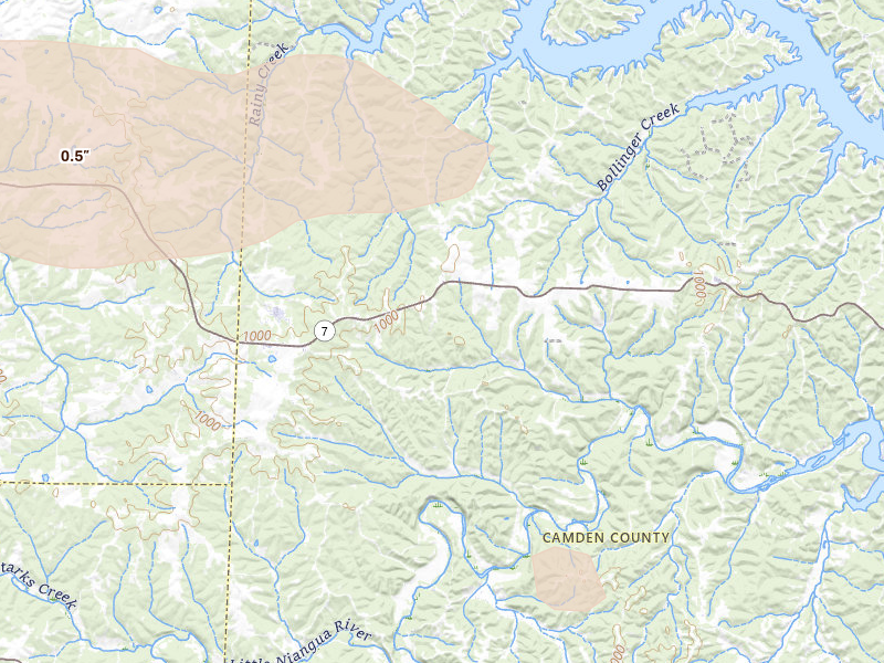 Radar-estimated hail-size map of the storm over Climax Springs, MO on Jun 11, 2026