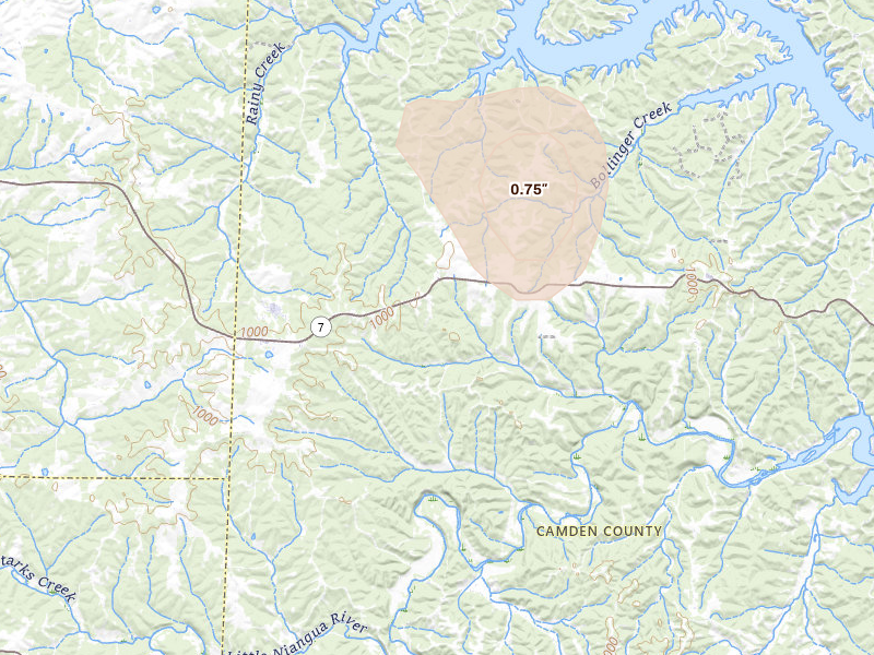 Radar-estimated hail-size map of the storm over Climax Springs, MO on Jul 4, 2026