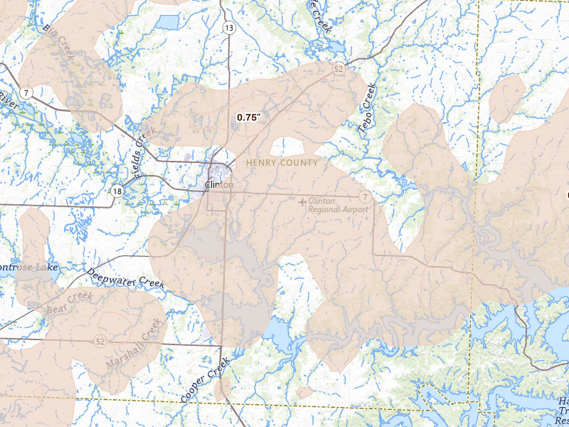 Radar-estimated hail-size map of the storm over Clinton, MO on Apr 26, 2026