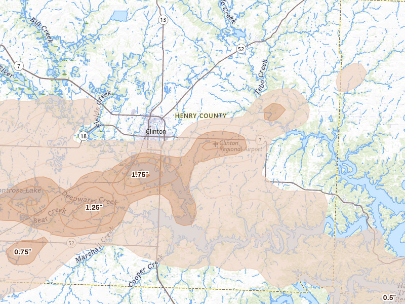 Radar-estimated hail-size map of the storm over Clinton, MO on Jun 11, 2026