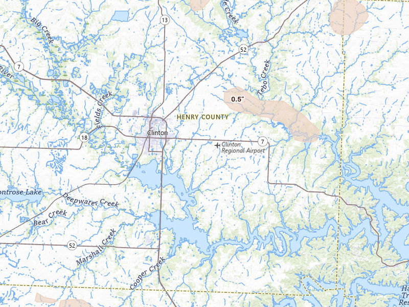 Radar-estimated hail-size map of the storm over Clinton, MO on Jul 9, 2026