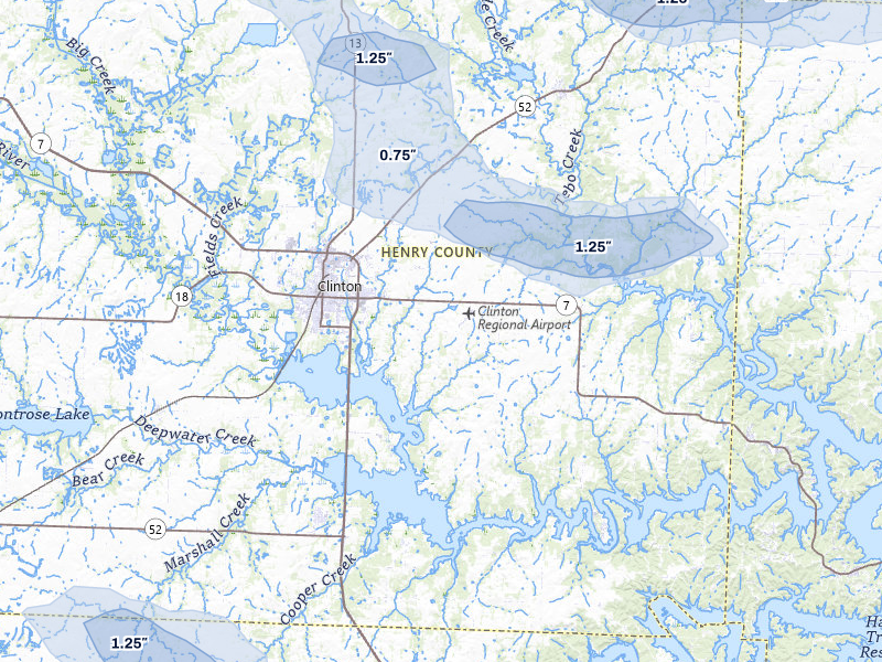NEXRAD radar-signature map of the hail storm over Clinton, MO on Jul 9, 2026