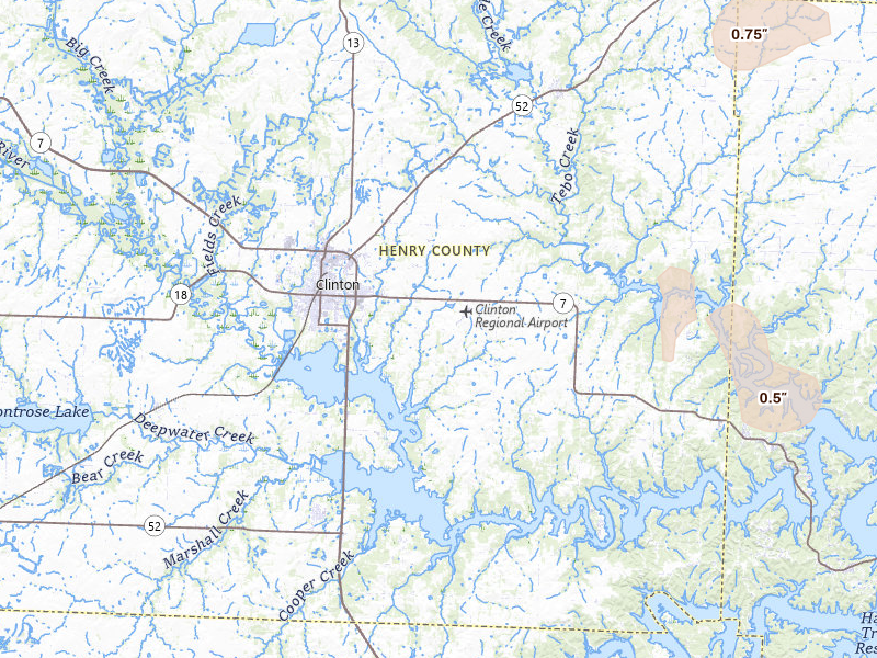 Radar-estimated hail-size map of the storm over Clinton, MO on Jul 10, 2026