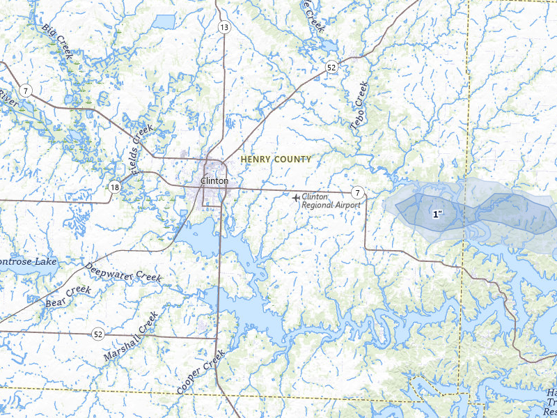 NEXRAD radar-signature map of the hail storm over Clinton, MO on Jul 10, 2026
