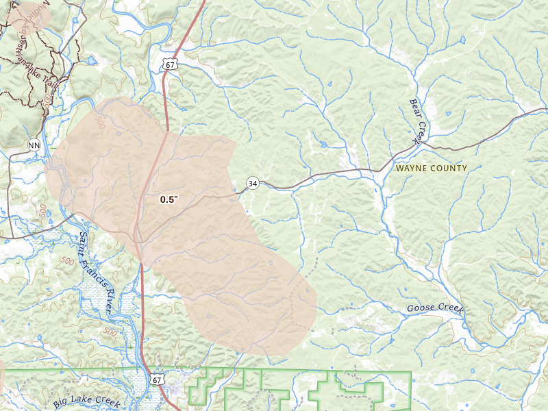 Radar-estimated hail-size map of the storm over Clubb, MO on May 31, 2026