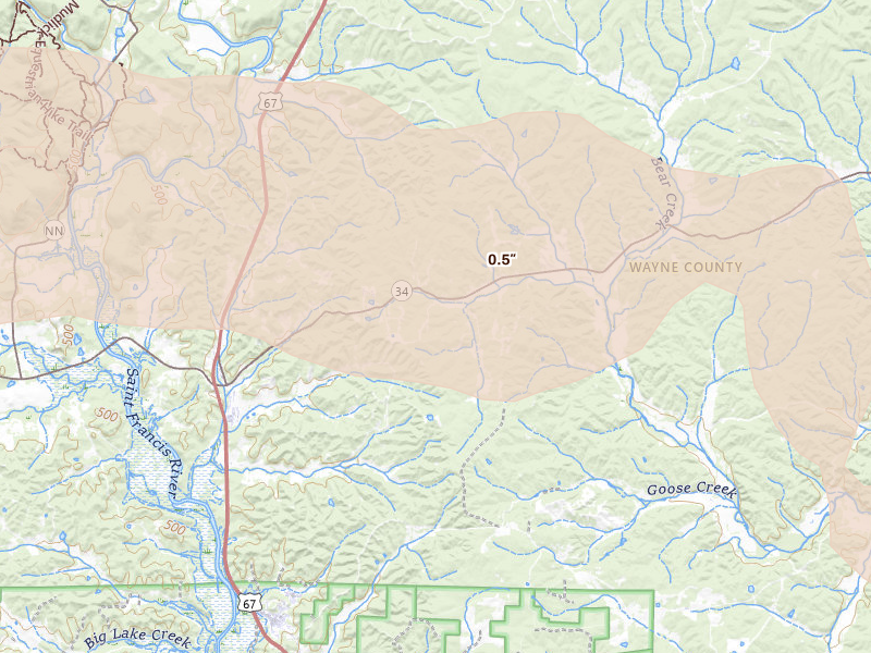 Radar-estimated hail-size map of the storm over Clubb, MO on Jul 9, 2026