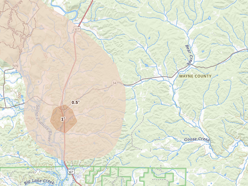 Radar-estimated hail-size map of the storm over Clubb, MO on Aug 25, 2026