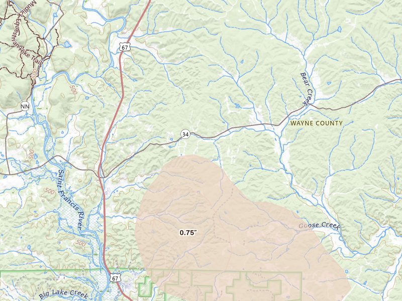 Radar-estimated hail-size map of the storm over Clubb, MO on Aug 26, 2026